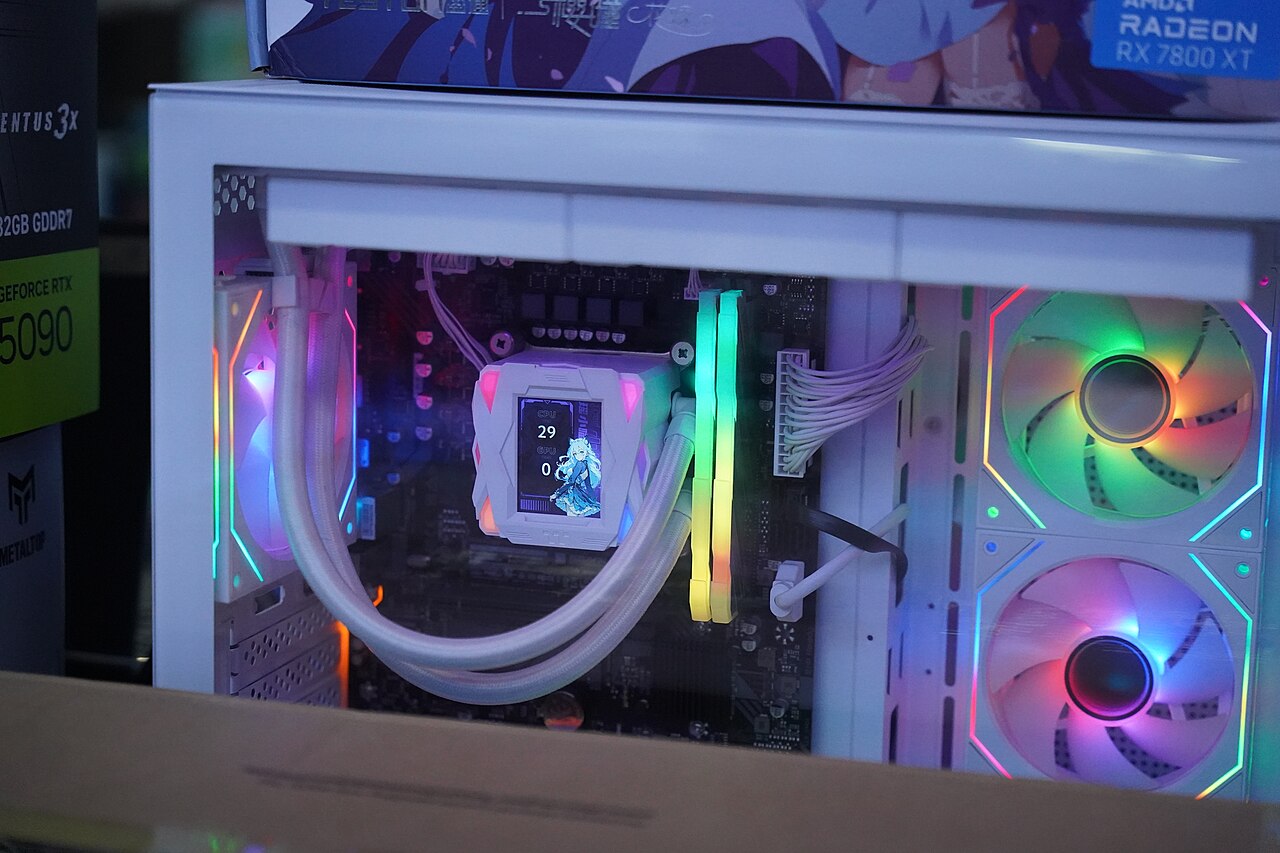 White gaming PC case with AIO liquid cooler and RGB fans