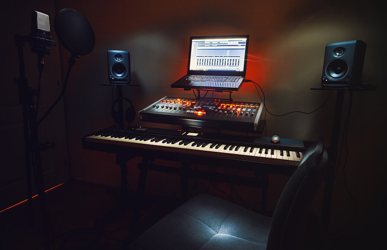 Home music studio with DAW on a laptop, MIDI keyboard and monitors